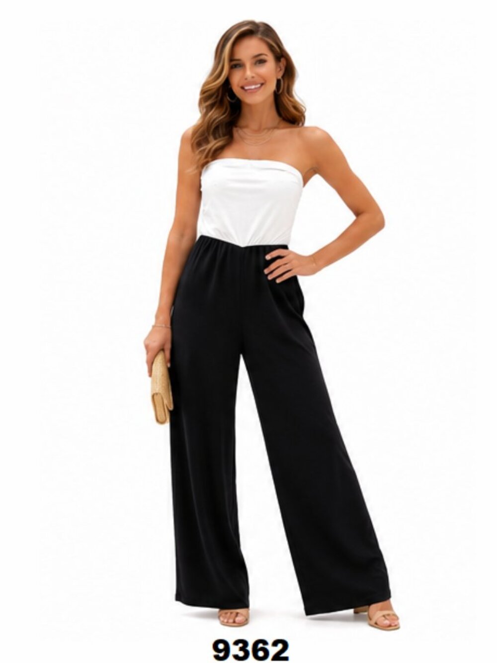 NWT21 Saint Women's Color Block Strapless Black White Wide Leg V-Front Jumpsuit